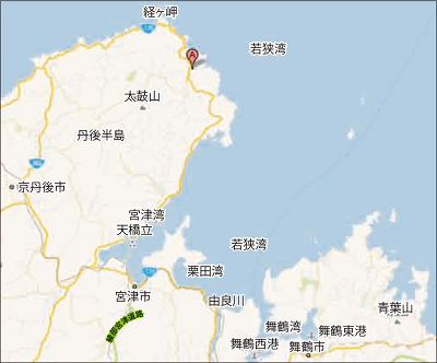 図1　丹後半島の地図　Aが筒川の位置　GoogleMapより