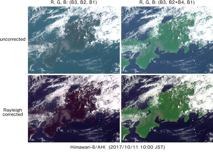 Fig.2:Color composite images of over the western Japan from JMA/AHI8 at 10:00 on 11 Oct. 2017. The color composite(R, G, B)of left and right images are (0.64, 0.51, 0.47μm) and (0.64, 0.51 + 0.86, 0.47μm),respectively. The lower show an atmospheric corrected image based on Rayleigh light scattering simulations upon the upper each uncorrected image. 図2：2017年10月11日午前10時ひまわり8号が捉えた日本上空画像．上段左図はツルーカラー合成画像を右図は植生強調画像を表す，下段はそれぞれの色合成の前に分子大気補正を施した結果である．